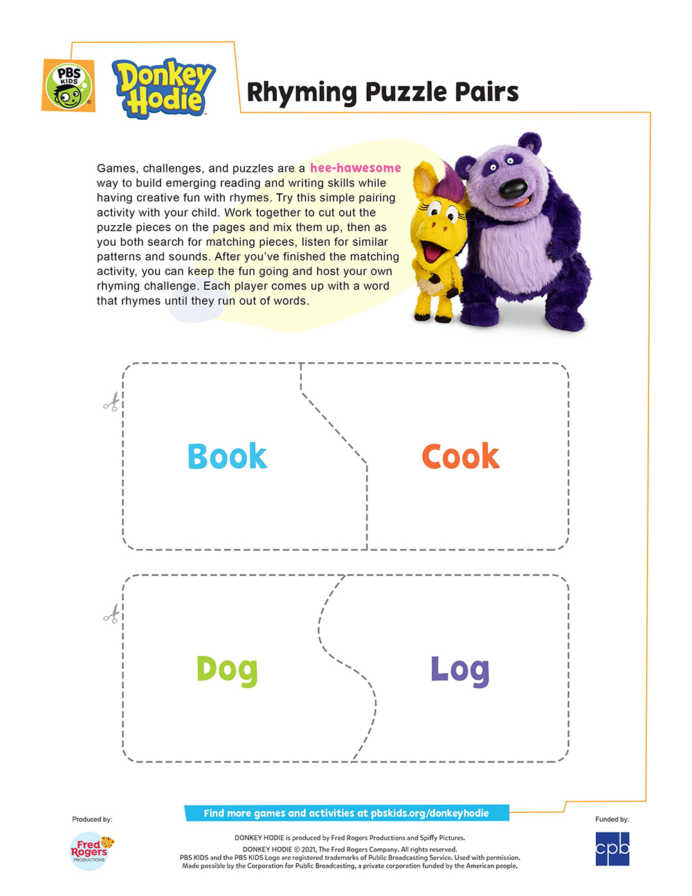 Donkey Hodie_ Rhyming Puzzle Pairs_printable Page 1