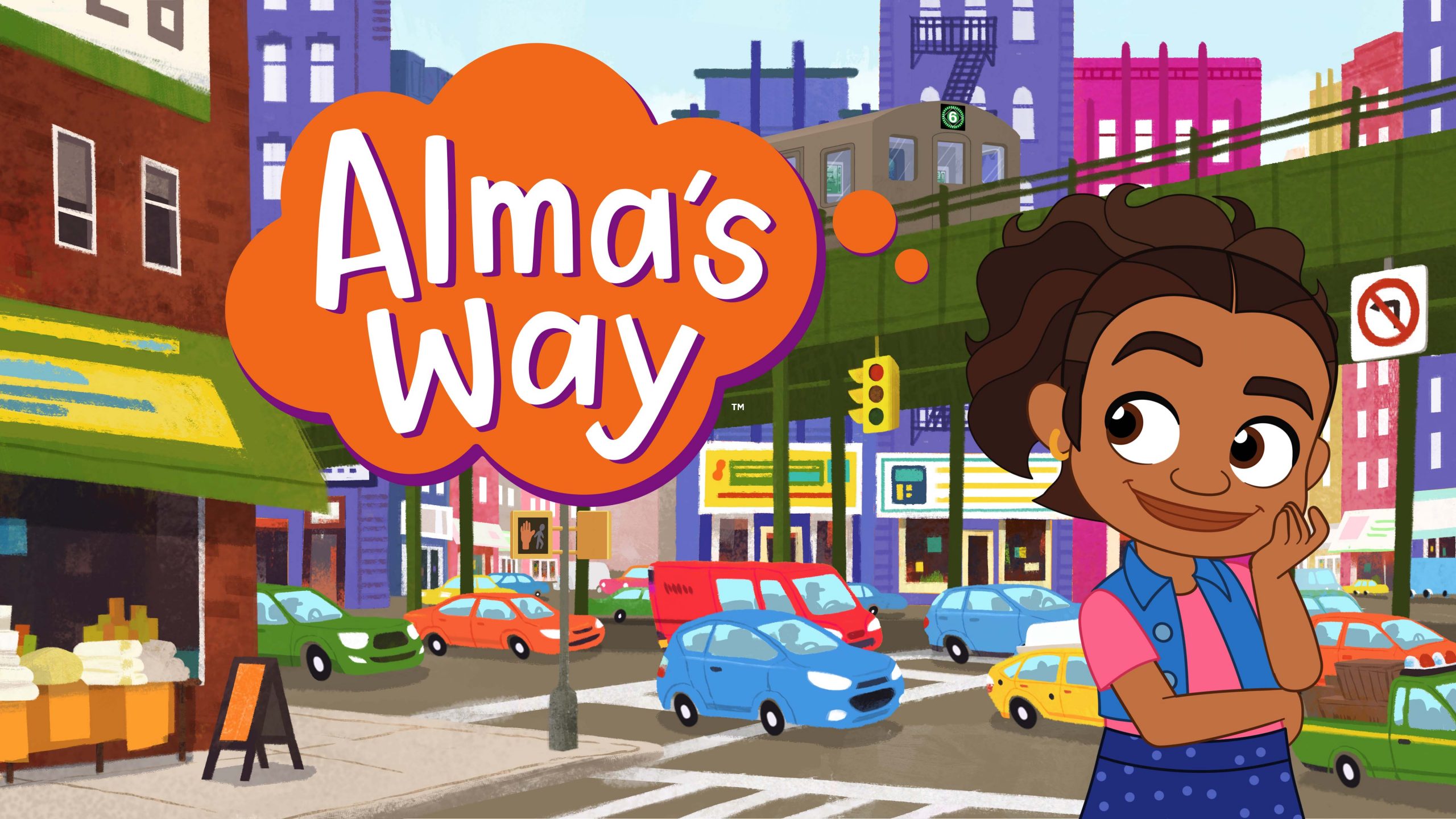 Alma standing next to logo and in front of scene of city block.